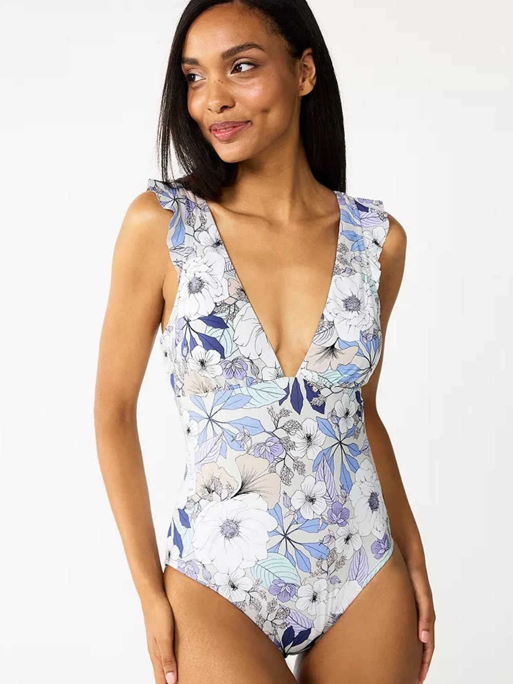 Women’s Freshwater Ruffled Strap One-Piece Swimsuit Floral V Neck